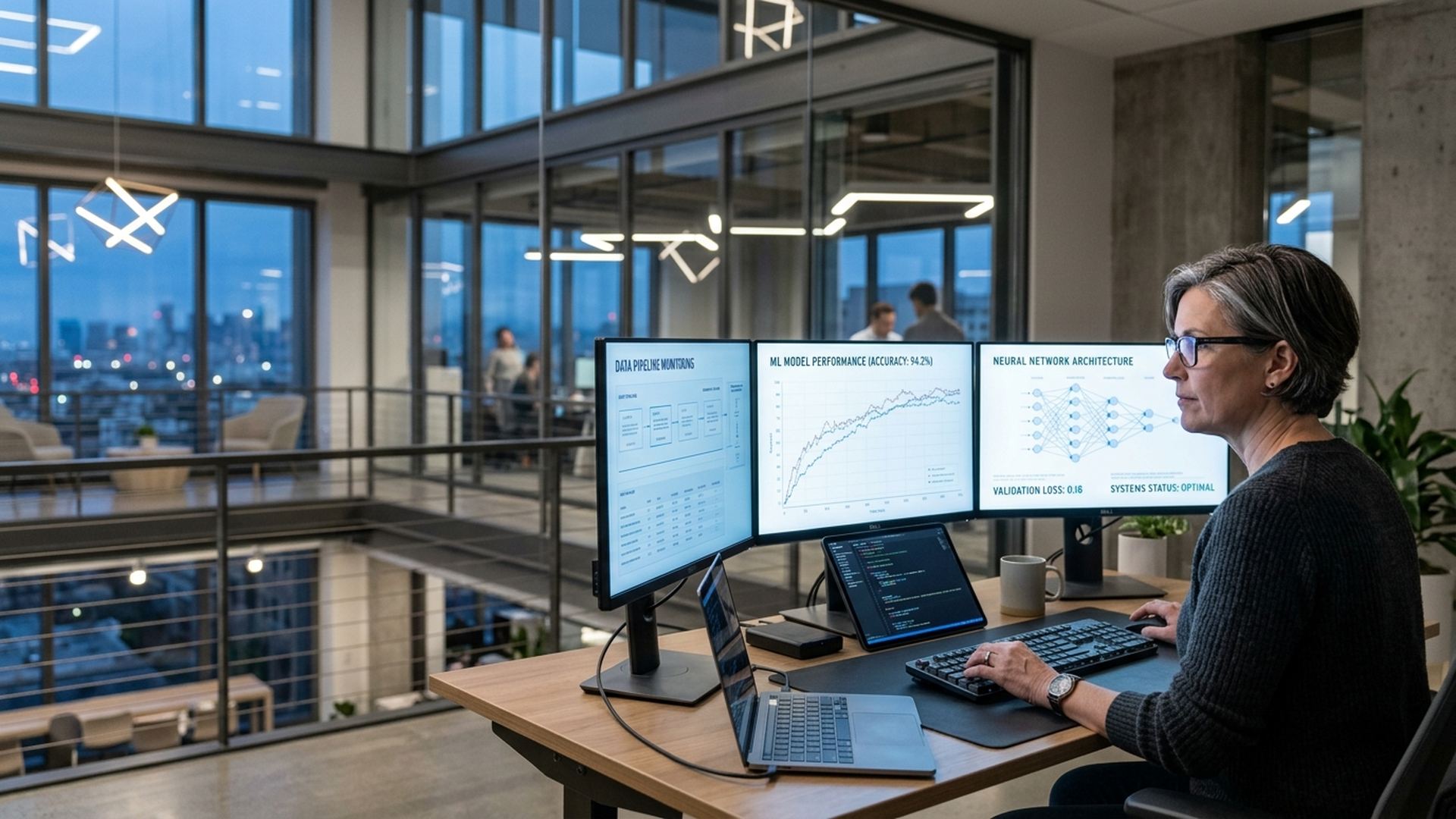 Modern data and AI engineer workspace displaying live analytics dashboards and pipelines