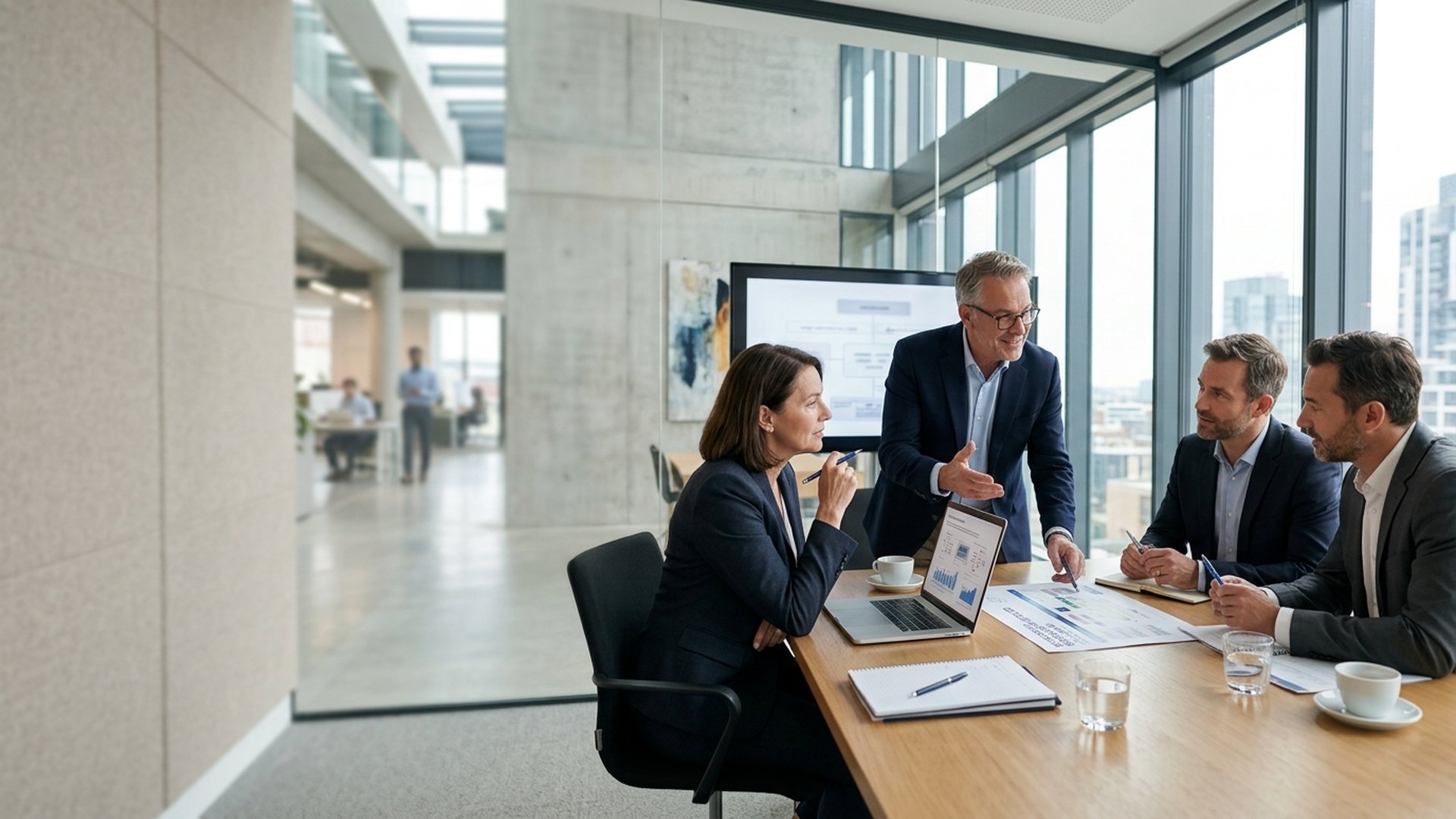Senior tech consultant advising client in sleek corporate conference room