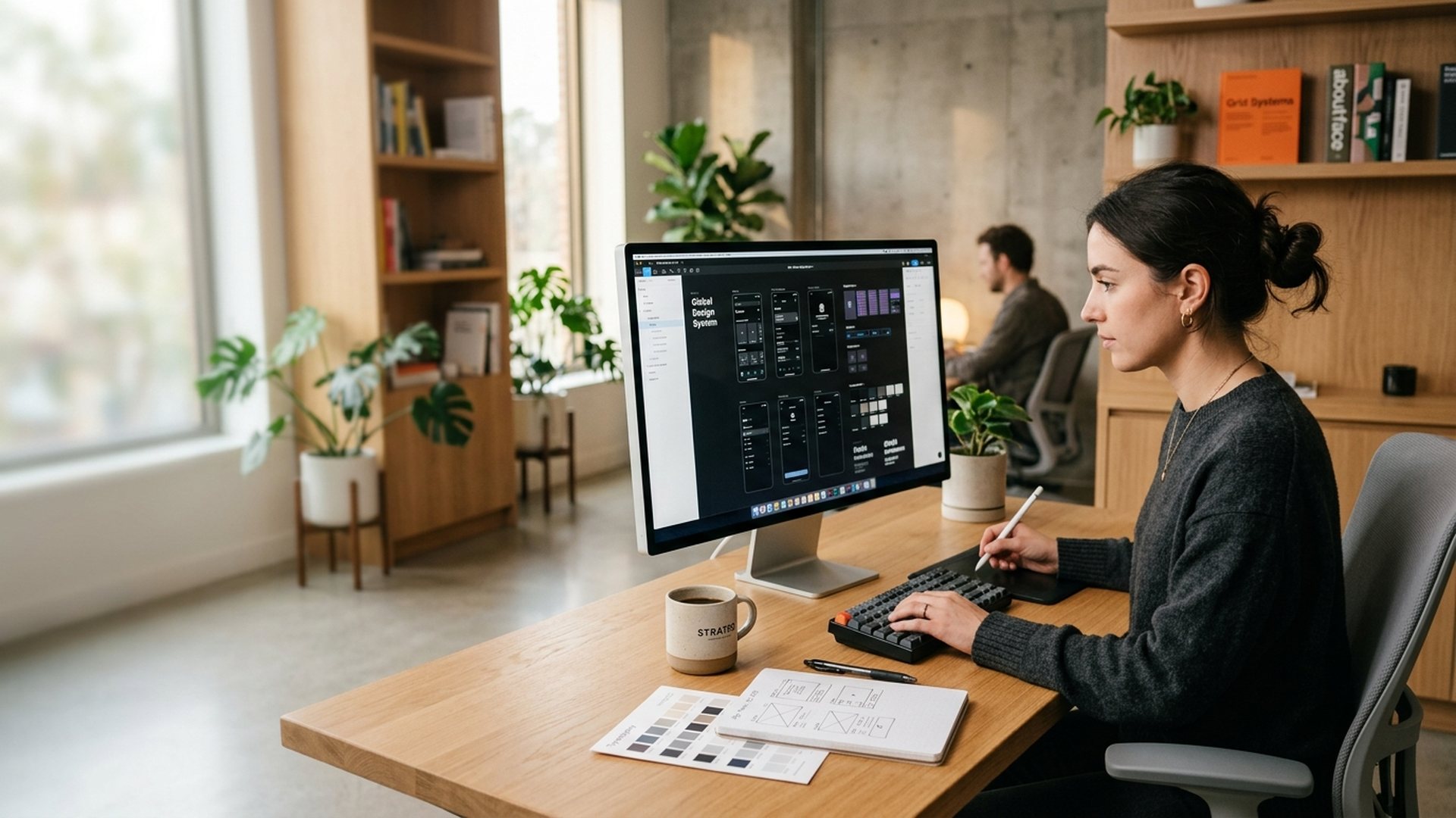 Design workspace with modern display showing UI design system, stylus and wireframes